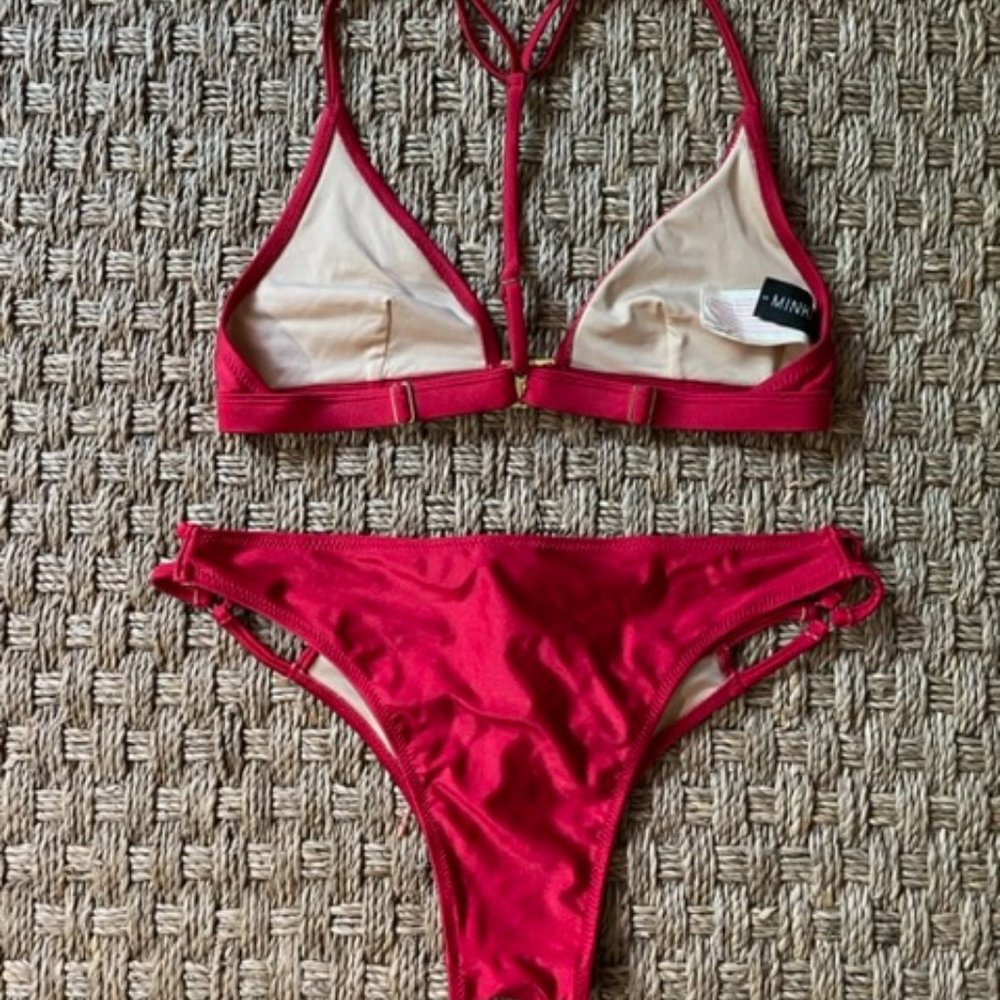 Mink Pink Ruby Red Triangle Bikini With Gold Meta… - image 2
